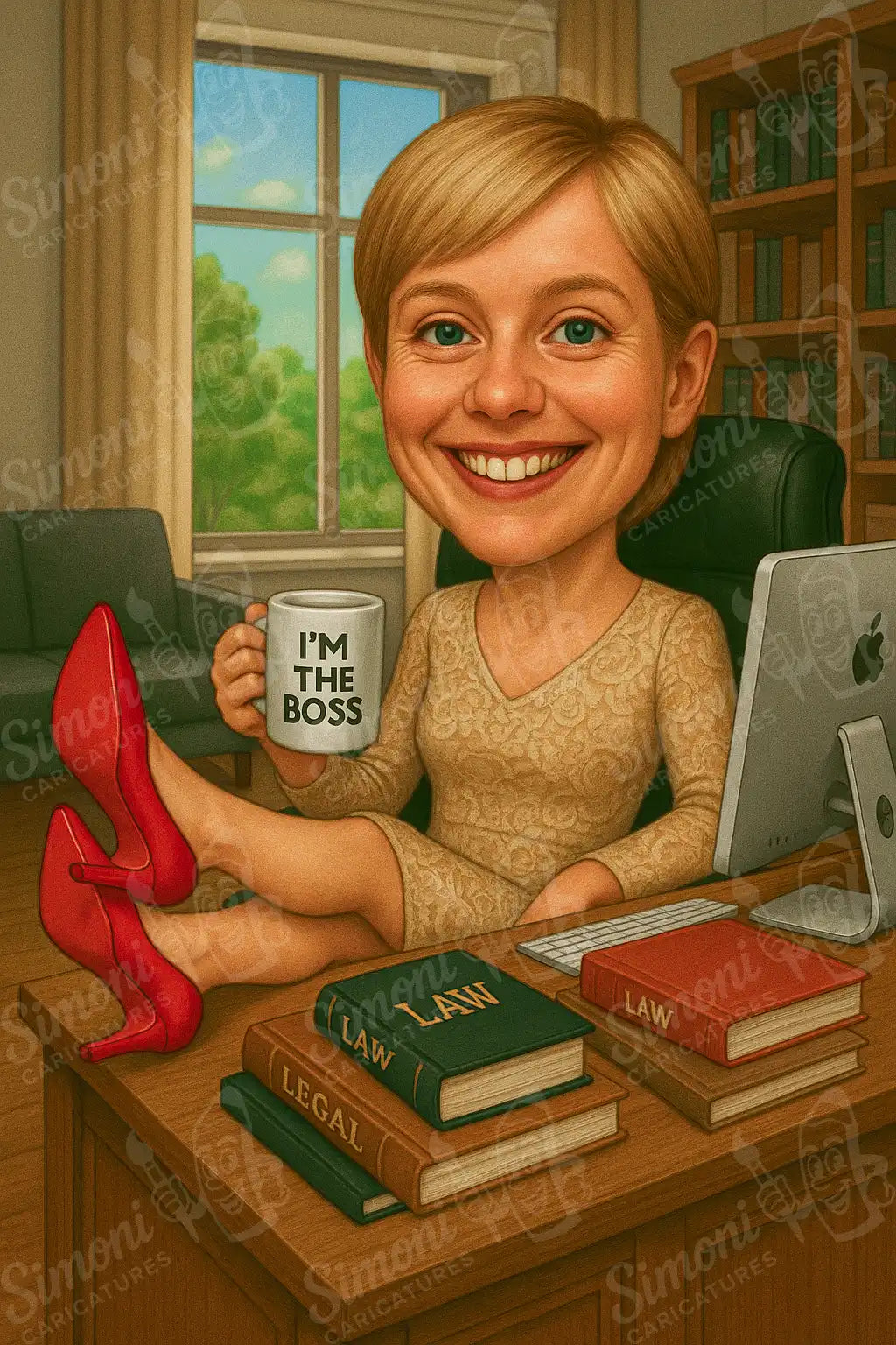 Карикатура на бизнес дама в офис с чаша "I'M THE BOSS", книги по право, персонализиран портрет, Simoni Caricatures.